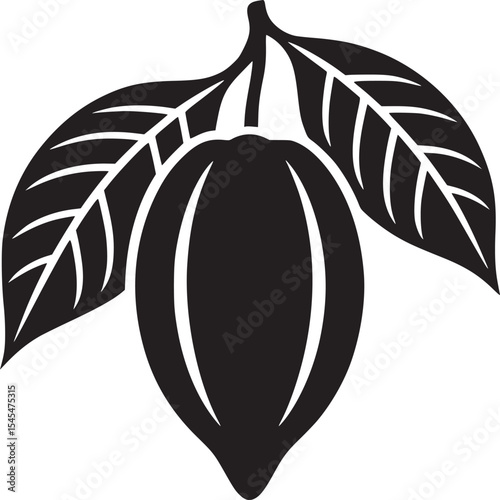 Isolated black and white cocoa pod with two leaves vector illustration on a white background