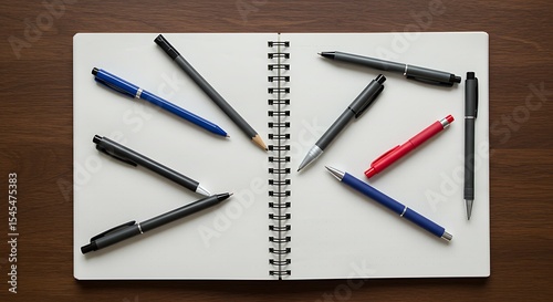 Wallpaper Mural Creative writing essentials: An open notebook with pens and a pencil arranged artistically, symbolizing ideas, creation and inspiration. Perfect for blogs or marketing materials. Torontodigital.ca