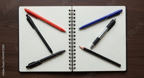 Wallpaper Mural Creative Composition: A close-up shot captures a dynamic arrangement of pens and pencil artfully scattered across the open pages of a notebook, signifying ideas. Torontodigital.ca