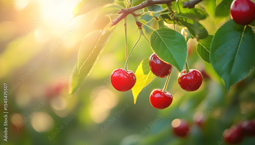Obraz premium Ripe cherries hang on branches in orchard. Sweet fruits at farm. Eco background, sunny summer autumn day. Harvesting in countryside