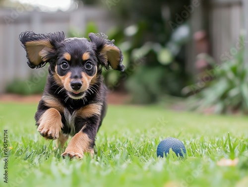 Dog running across grass with ball in mouth
