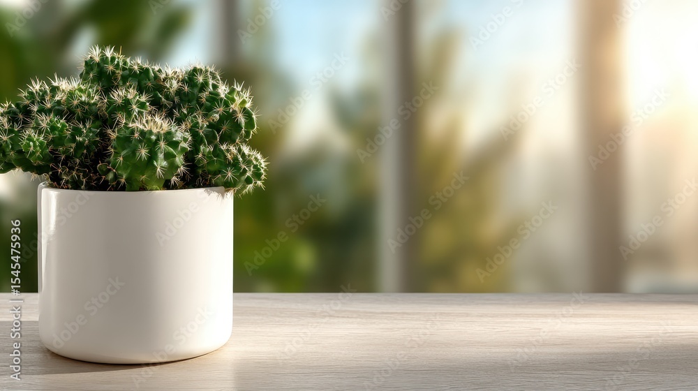 Fototapeta premium A beautiful cactus potted in a simple white planter captures soft sunlight, creating a serene environment that blends nature with modern decor, perfect for any indoor space.