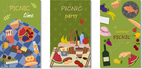 Set of templates with illustrations of picnic items. Summer and picnic in nature. Picnic blanket, fresh fruits and vegetables. Basket and bottle of wine, books, grill. Weekend relaxation. Vector