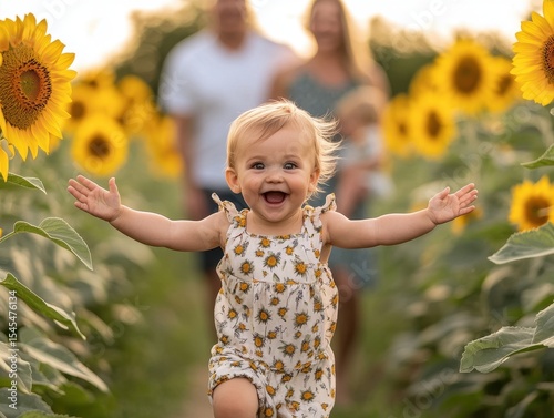 Baby in sunflower field