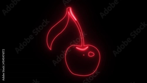 A neon outline of a cherry with a leaf, glowing against a dark background.