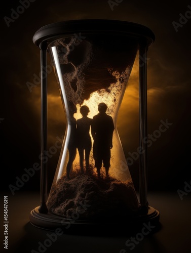 An illustration of two people standing inside an hourglass that captures the essence of time