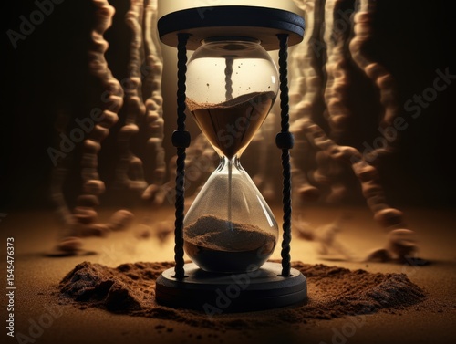 An hourglass filled with coffee beans on the ground in front of an intricate root system