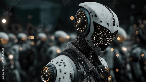 Advanced ai robotics: futuristic robot army marching in unison