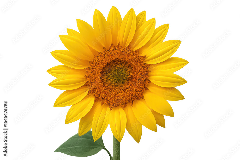 Obraz premium Bright yellow sunflower blossom with deep brown center, isolated on clean white background, representing summer botanical beauty