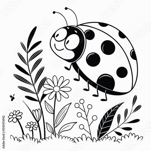 Smiling ladybug in whimsical garden, black and white floral line art illustration