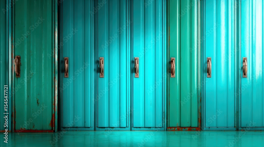 Fototapeta premium This image showcases a series of vibrant turquoise school lockers, highlighting their unique texture and color, creating an inviting and youthful atmosphere for any educational setting.