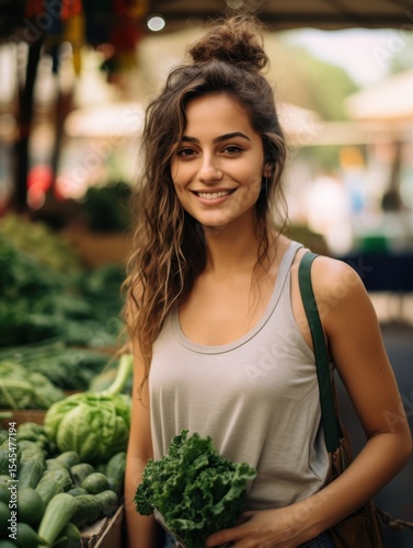 Smiling woman holding broccoli at outdoor market