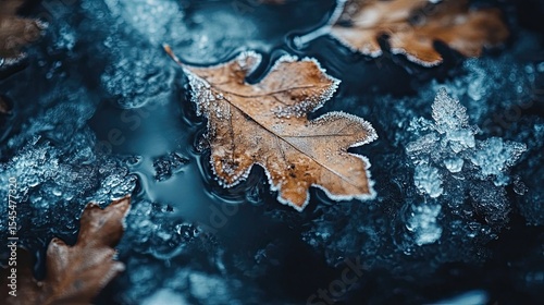 Leaves layered under ice with frozen clarity seasonal texture and trapped calm perfect for winter or poetic visuals