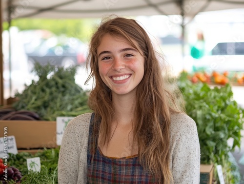 Girl smiling at camera in front of produce stand