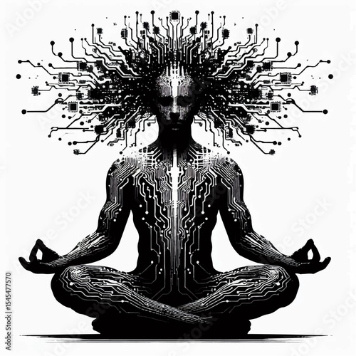 A black and white silhouette of a cyborg sitting in a lotus position during meditation, with digital quantum streams emanating from his head. Vector graphics. EPS.