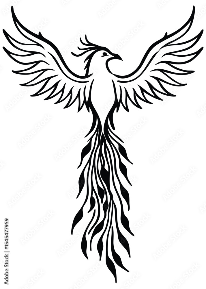 Obraz premium Majestic Phoenix in Flight, black and white tattoo illustration symbolizing rebirth and strength