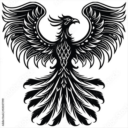 Black Phoenix Tattoo, tribal style mythical bird with spread wings and flowing feathers
