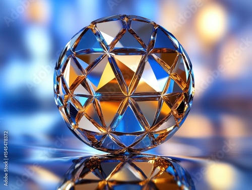 Clear crystal ball with gold points and star shapes, reflecting blue lights on surface against dark background