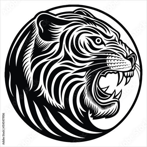 Fierce roaring tiger head in tribal tattoo style, monochrome line art in circular frame