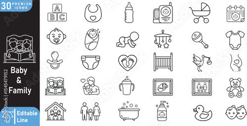 30 Line Vector Icons of Baby and Family Life – Minimal Line Art Illustrations of Infant Care, Parenthood, Baby Items, Family Moments, and Parenting Essentials for UI, Print, and Stock Use

