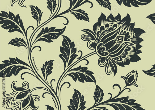 Intricate botanical illustration with dark petals and leaves over soft neutral backdrop