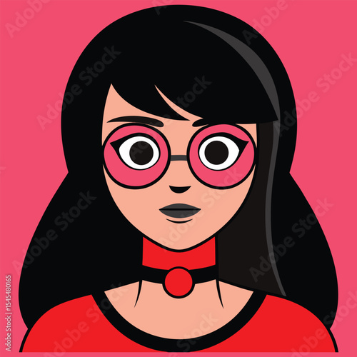 Stylized woman with long black hair in red outfit on pink background, vector illustration