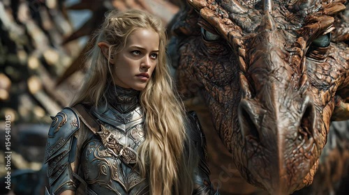 A blonde elf warrior and her dragon companion