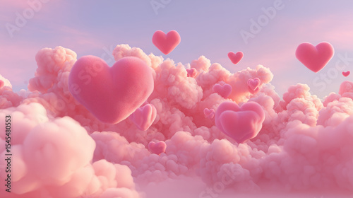 A dreamy Valentine’s Day scene features heart-shaped pink clouds, radiating love and tenderness.

