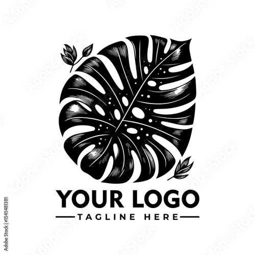 Black and white illustration of a Monstera leaf with accompanying foliage, above placeholder text for a logo.
