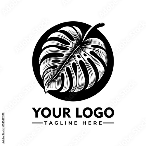 Monochrome logo featuring a detailed illustration of a Monstera deliciosa leaf within a circular frame.