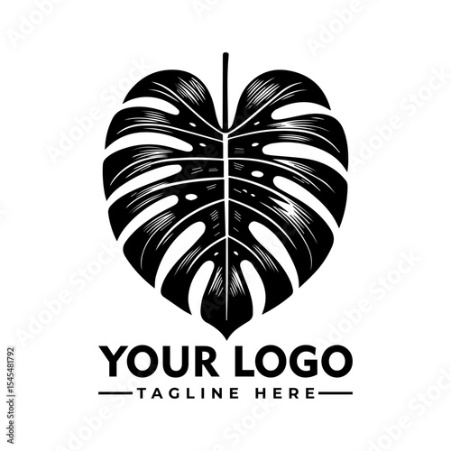 A stylized black and white monstera leaf logo design, shaped like a heart, with space for a tagline.