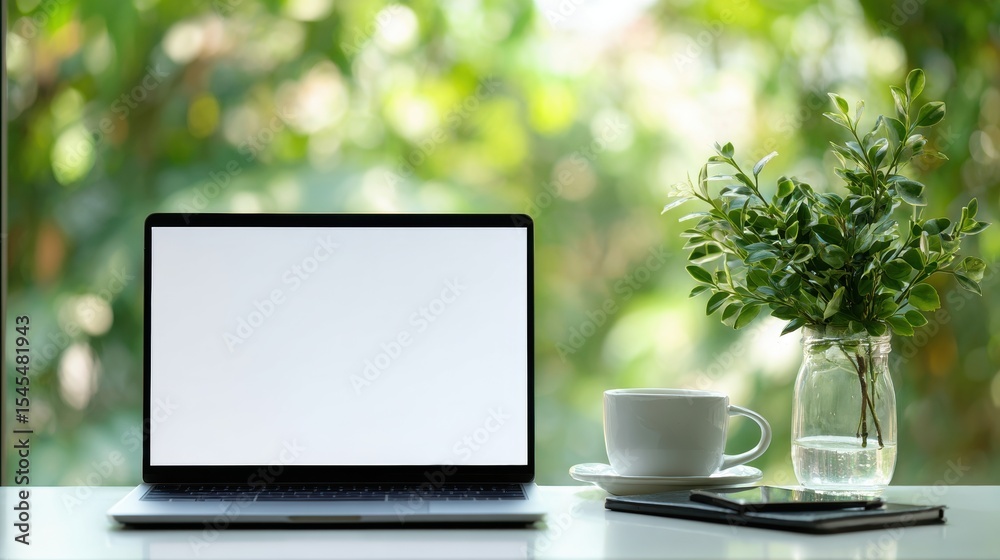 Fototapeta premium Modern workspace with open laptop, white coffee cup, green plant in glass vase on natural light table