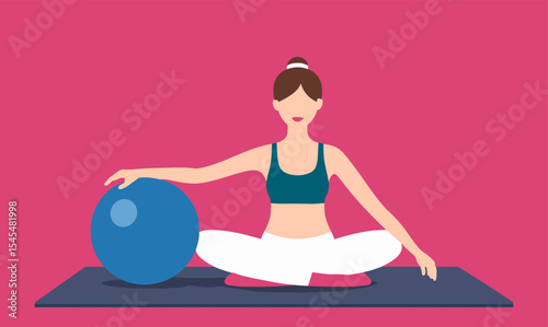 Woman practicing yoga with a stability ball, seated in a stretching pose.