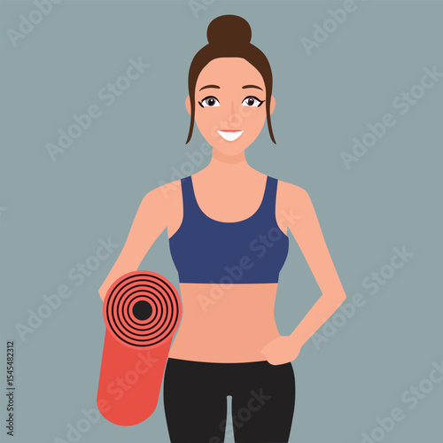 Smiling woman, healthy lifestyle, yoga mat, fitness attire, ready for workout.
