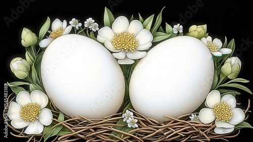 Two White Eggs in a Nest with Delicate White Flowers and Soft Lighting