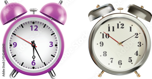 Contemporary Pink and Silver Alarm Clocks for Stylish Timekeeping, Iconic Alarm Clocks Vector, Time Management Graphics, Classic Desk Clocks, Vector Illustration for Productivity, retro alarm clock