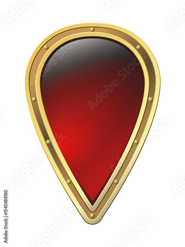 Realistic vector Rus shield Inverted teardrop shape with golden riveted border, luminous red center glass effect. White highlight on crimson-to-scarlet gradient Slavic warrior aesthetic Transparent BG