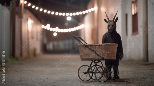 Krampus in alley next to vintage baby stroller at night for eerie holiday design