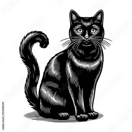 black cat sketch engraving black and white outline. Scratch board imitation.  illustrated in vintage line art style on a white background.