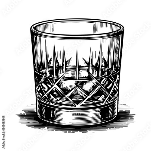 Glass of whiskey sketch engraving black and white outline. Scratch board imitation.