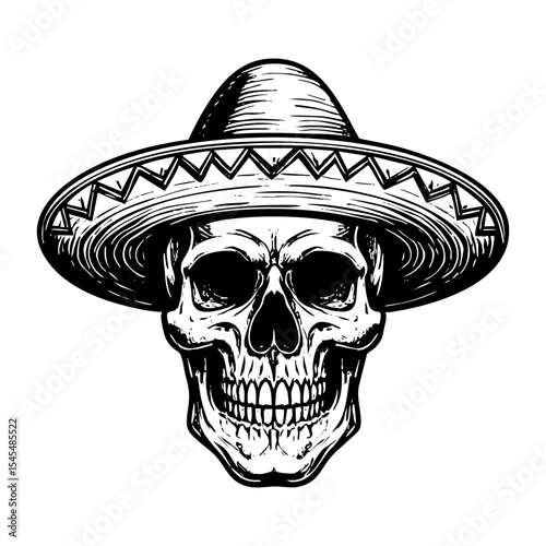 skull wear sombrero hat engraving black and white outline. Scratch board imitation.