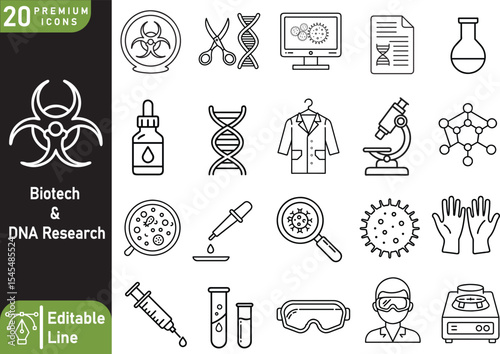 20 Line Vector Icons of Biotech and DNA Research – Minimal Monoline Illustrations of Genetic Tools, Laboratory Equipment, Molecules, Cells, and Scientific Elements for UI, Infographic, and Medica