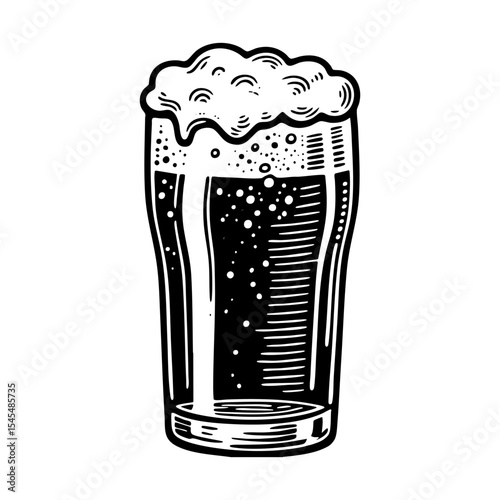 a glass of beer full of foam engraving black and white outline. Scratch board imitation.