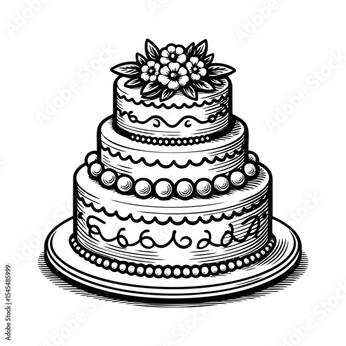 Wedding cake  sketch engraving black and white outline. Scratch board imitation.  illustrated in vintage line art style on a white background.