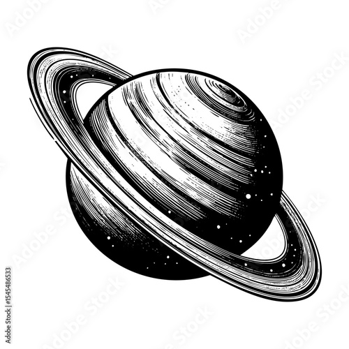 saturn planet sketch engraving black and white outline. Scratch board imitation.
