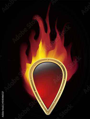 Burning Slavic shield Realistic vector teardrop with gold rivets, glowing red core Dramatic fiery backdrop into black bg Flames lick edges Mythical warrior emblem. Perfect for fantasy book covers