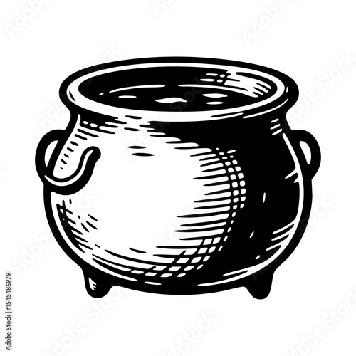 witch cauldron engraving sketch engraving black and white outline. Scratch board imitation.  illustrated in vintage line art style on a white background.