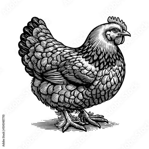 Chicken hen sketch engraving black and white outline. Scratch board imitation.  illustrated in vintage line art style on a white background.