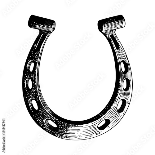 Horseshoe sketch engraving black and white outline. Scratch board imitation.  illustrated in vintage line art style on a white background.