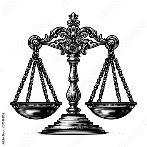 Scales of justice sketch engraving black and white outline. Scratch board imitation.  illustrated in vintage line art style on a white background.
